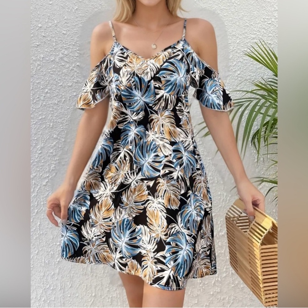 Boho Passion Floral Print Cold Shoulder Dress, Elegant Short Sleeve Dress